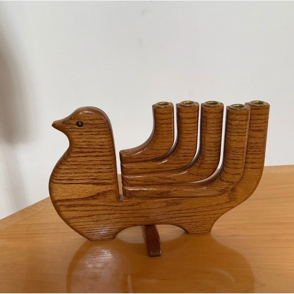 Vintage MCM Wooden Bird Candelabra 5-Light Taper Candle Holder Oak Finish Bird